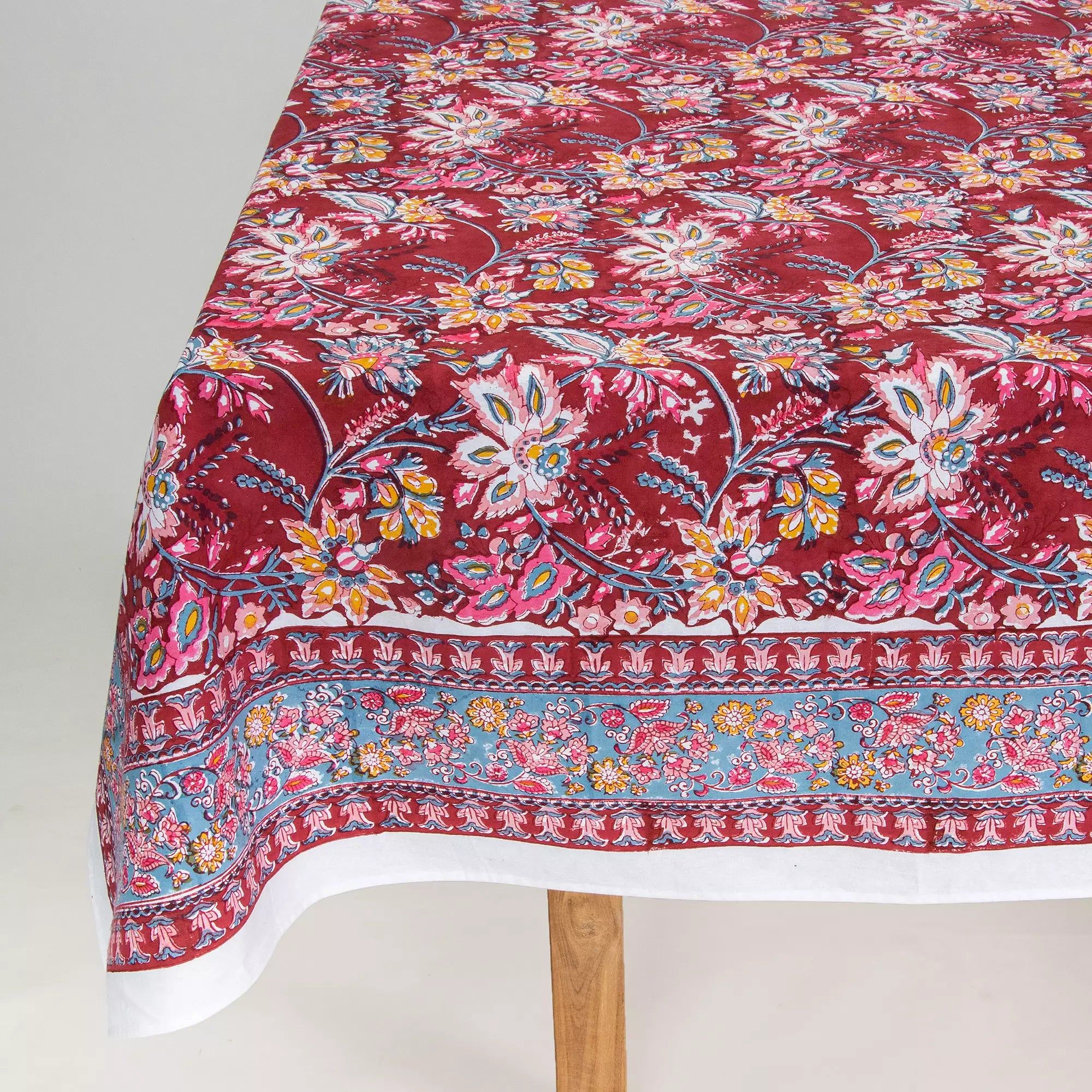 Red Floral Block Print Cotton Dining Table Cover 6 Seater